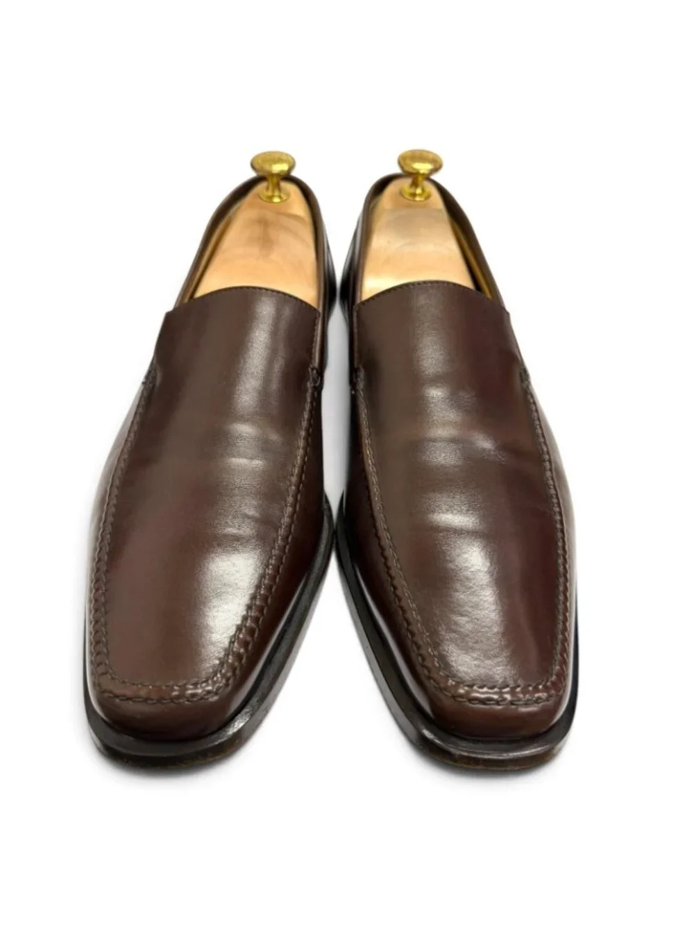 Hermes Leather Knob Mocha Stitch Flat Shoes Moccasin Loafers Brown